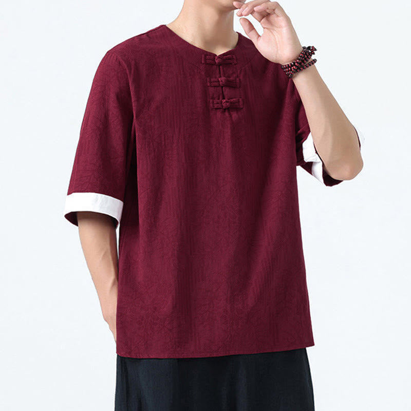 Buddha Stones Camisa de algodón de media manga con botones de rana para hombre con estampado de flores de verano y hierba - image 15