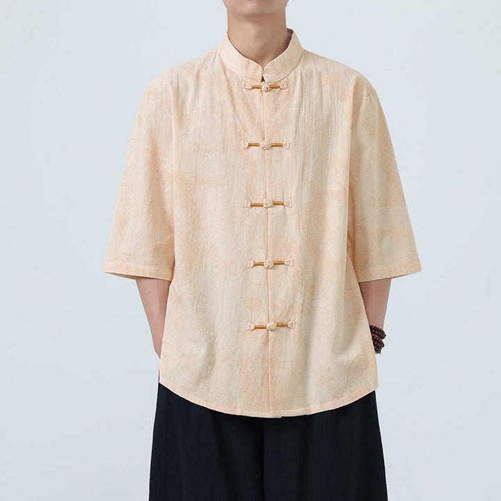 Buddha Stones Camisa de algodón de media manga con botones de rana para hombre con estampado de nubes auspiciosas de dragón de verano - Trigo - US/UK/AU46, EU56 (5XL) - image 7