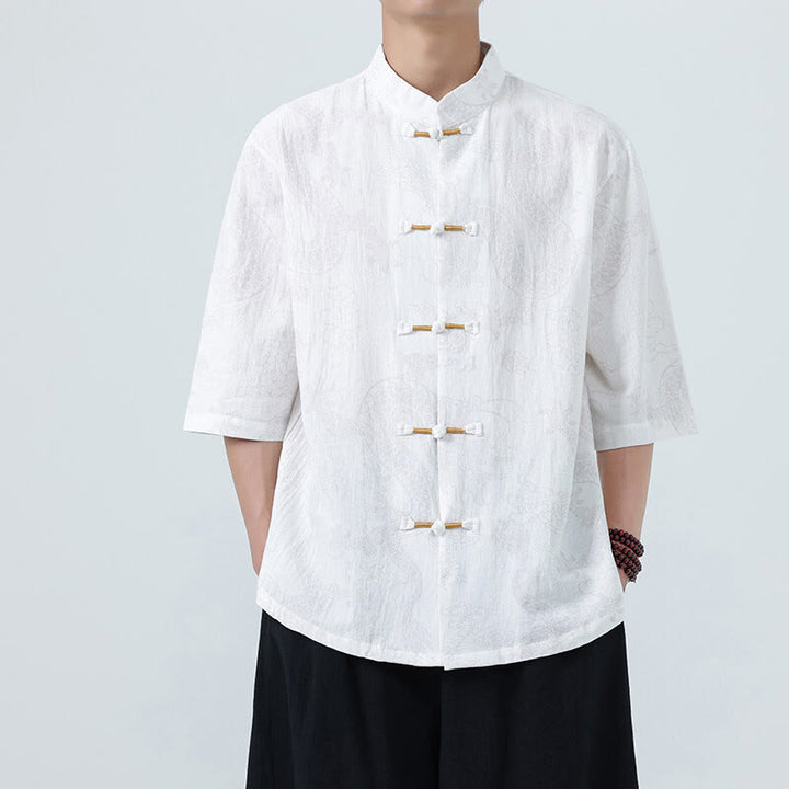 Buddha Stones Camisa de algodón de media manga con botones de rana para hombre con estampado de nubes auspiciosas de dragón de verano - Blanco - US/UK/AU46, EU56 (5XL) - image 16