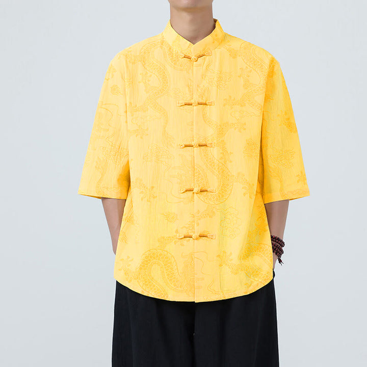 Buddha Stones Camisa de algodón de media manga con botones de rana para hombre con estampado de nubes auspiciosas de dragón de verano - Amarillo - US/UK/AU46, EU56 (5XL) - image 11