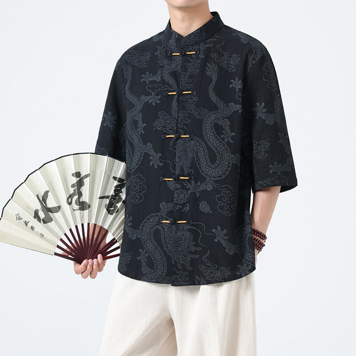 Buddha Stones Camisa de algodón de media manga con botones de rana para hombre con estampado de nubes auspiciosas de dragón de verano - Negro - US/UK/AU46, EU56 (5XL) - image 0