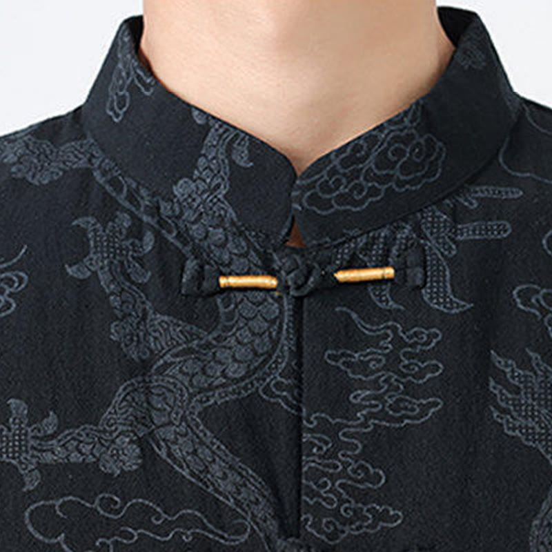 Buddha Stones Camisa de algodón de media manga con botones de rana para hombre con estampado de nubes auspiciosas de dragón de verano - image 3
