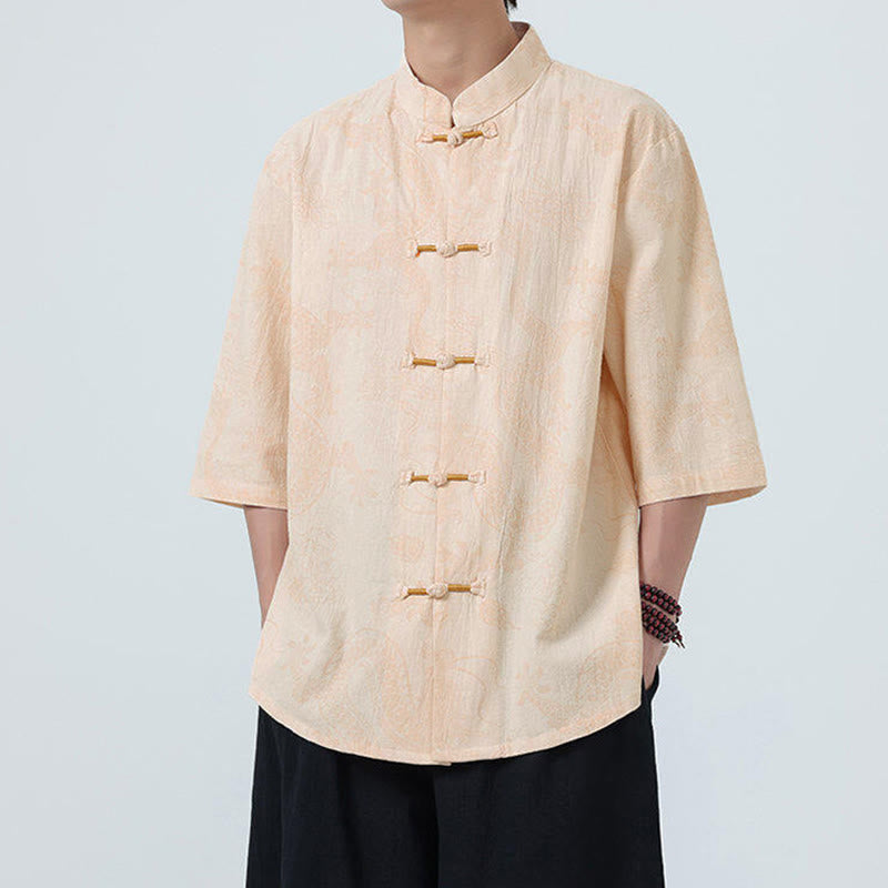 Buddha Stones Camisa de algodón de media manga con botones de rana para hombre con estampado de nubes auspiciosas de dragón de verano - image 9