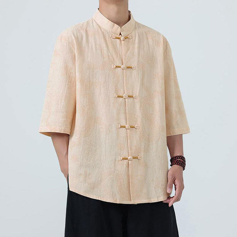 Buddha Stones Camisa de algodón de media manga con botones de rana para hombre con estampado de nubes auspiciosas de dragón de verano - image 8
