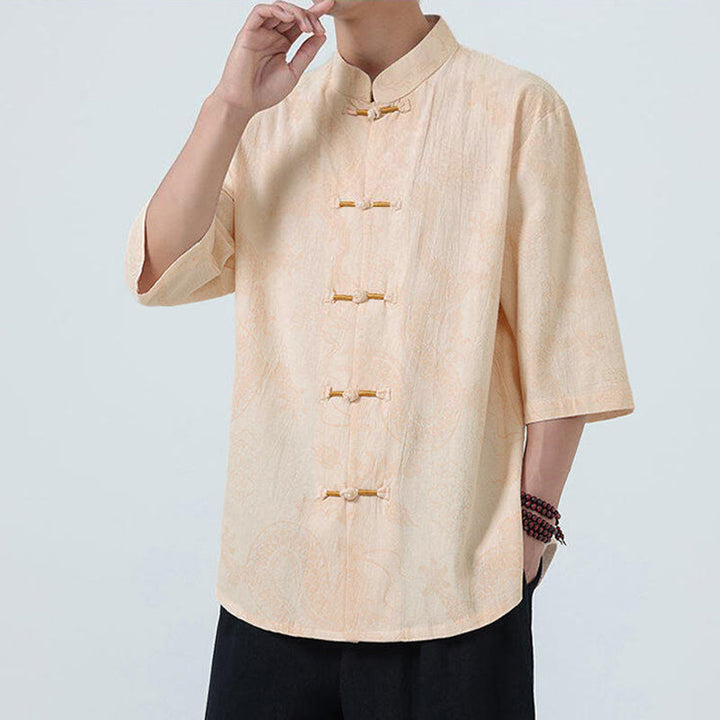 Buddha Stones Camisa de algodón de media manga con botones de rana para hombre con estampado de nubes auspiciosas de dragón de verano - image 10