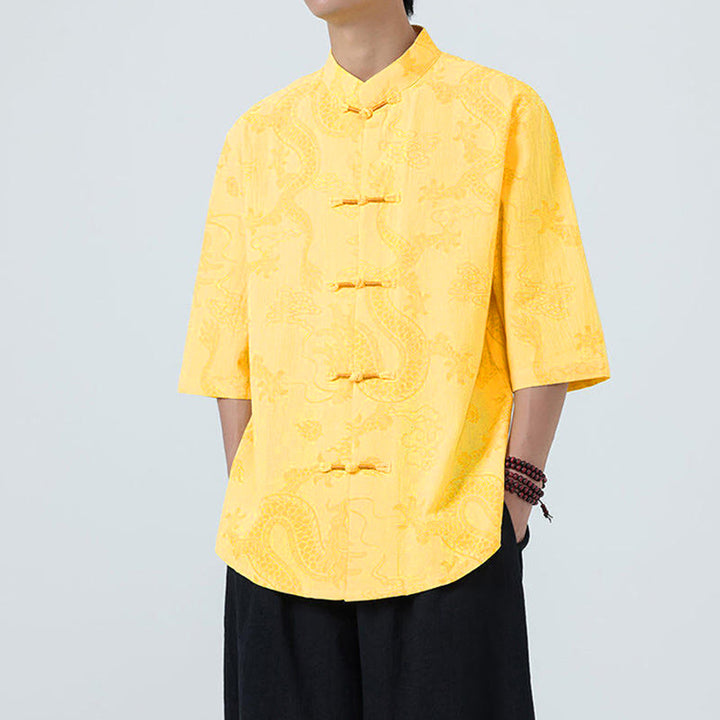 Buddha Stones Camisa de algodón de media manga con botones de rana para hombre con estampado de nubes auspiciosas de dragón de verano - image 12