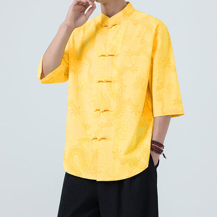 Buddha Stones Camisa de algodón de media manga con botones de rana para hombre con estampado de nubes auspiciosas de dragón de verano - image 15