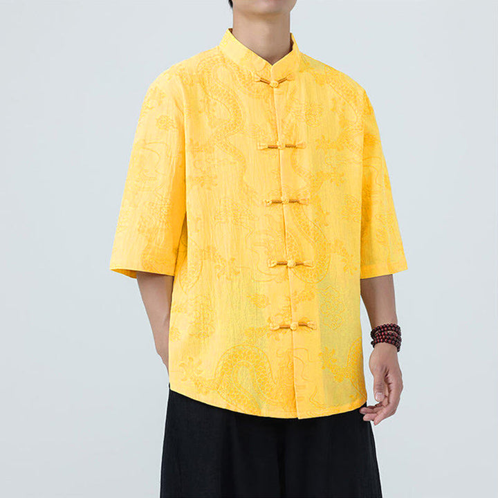Buddha Stones Camisa de algodón de media manga con botones de rana para hombre con estampado de nubes auspiciosas de dragón de verano - image 13
