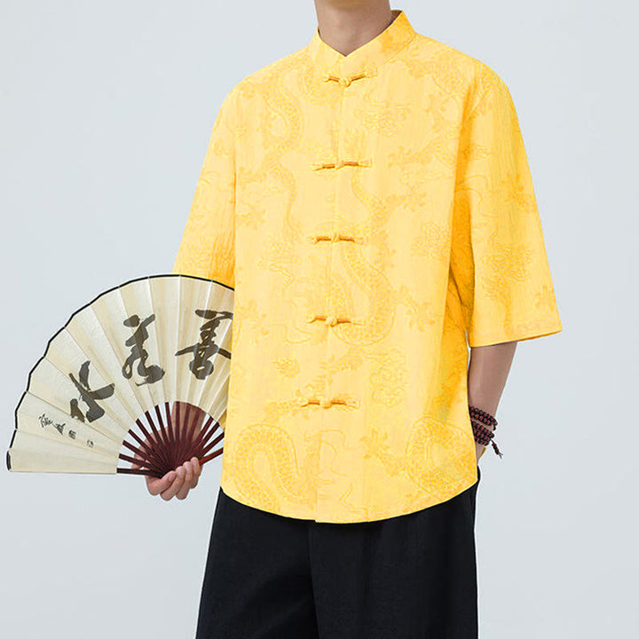 Buddha Stones Camisa de algodón de media manga con botones de rana para hombre con estampado de nubes auspiciosas de dragón de verano - image 14