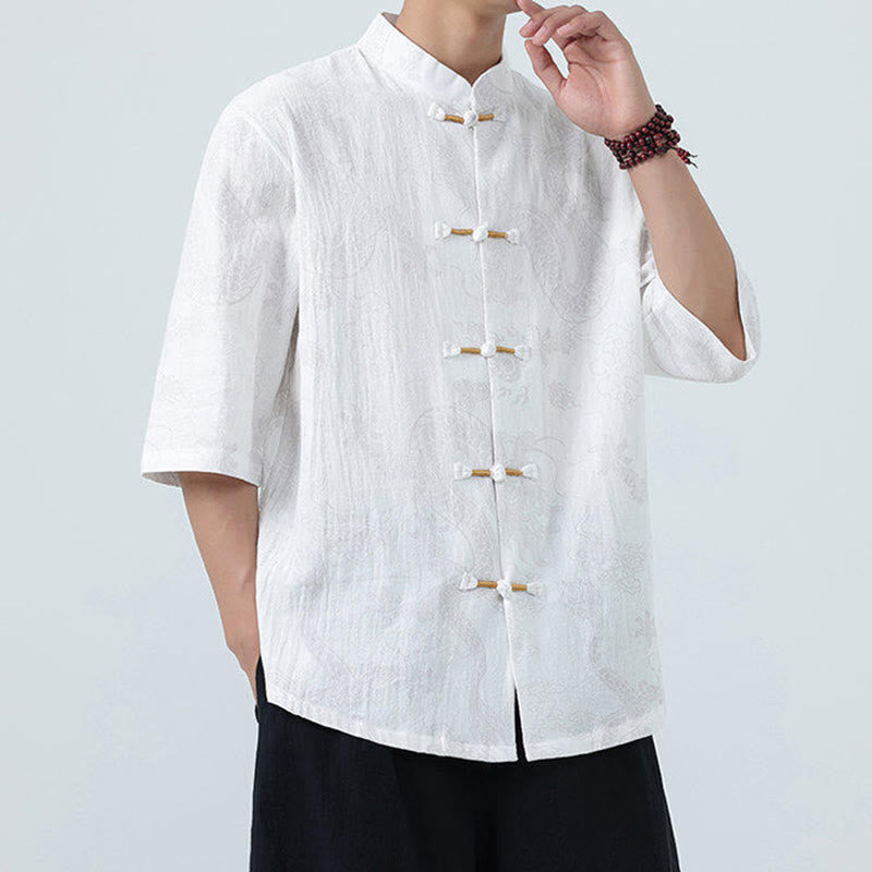 Buddha Stones Camisa de algodón de media manga con botones de rana para hombre con estampado de nubes auspiciosas de dragón de verano - image 17