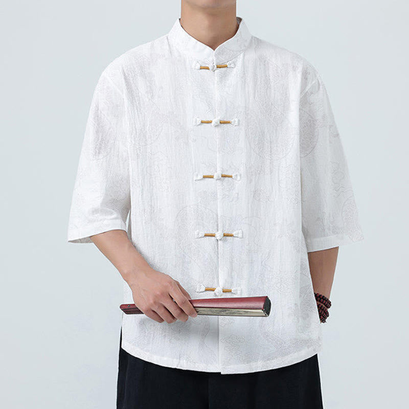 Buddha Stones Camisa de algodón de media manga con botones de rana para hombre con estampado de nubes auspiciosas de dragón de verano - image 19