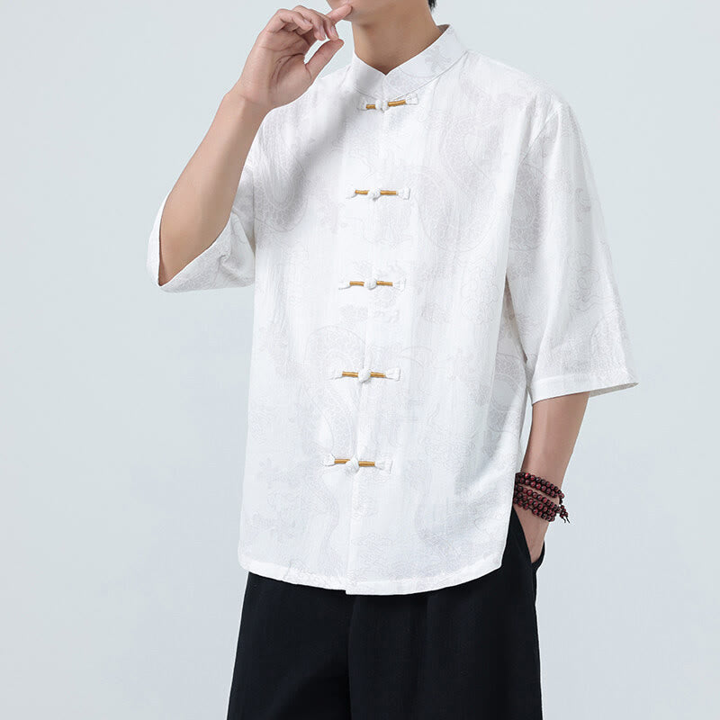 Buddha Stones Camisa de algodón de media manga con botones de rana para hombre con estampado de nubes auspiciosas de dragón de verano - image 18