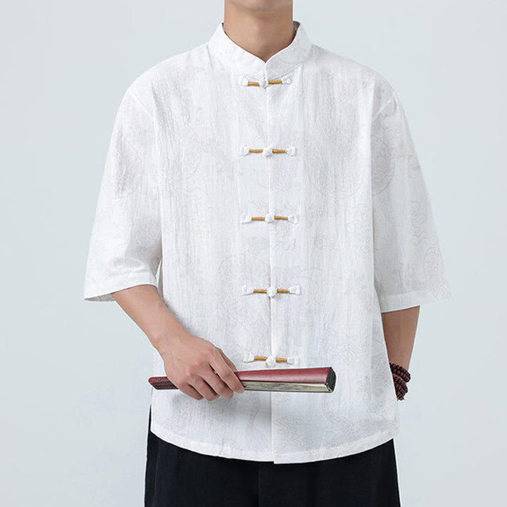 Buddha Stones Camisa de algodón de media manga con botones de rana para hombre con estampado de nubes auspiciosas de dragón de verano - image 19