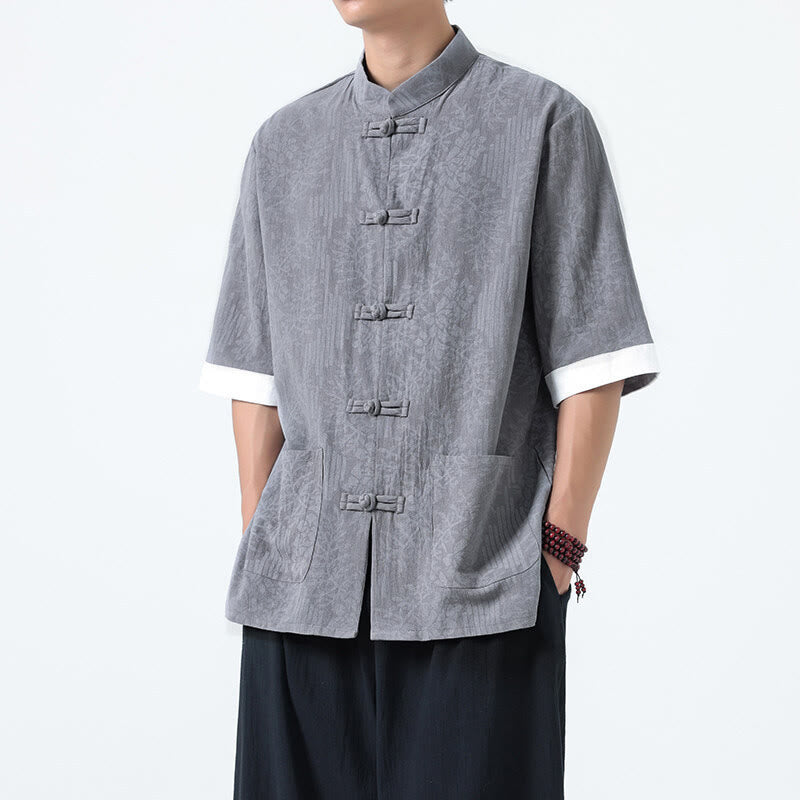 Buddha Stones Camisa de algodón de manga corta con botones de rana y bolsillos para hombre con estampado de flores de verano y hierba - Gris - US/UK/AU46, EU56 (5XL) - image 4