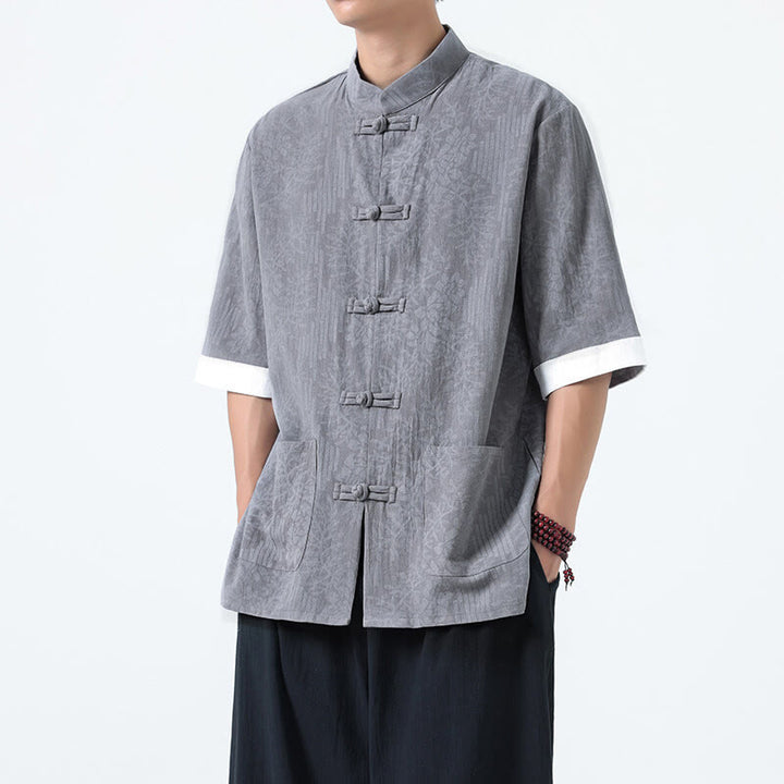 Buddha Stones Camisa de algodón de manga corta con botones de rana y bolsillos para hombre con estampado de flores de verano y hierba - Gris - US/UK/AU46, EU56 (5XL) - image 4