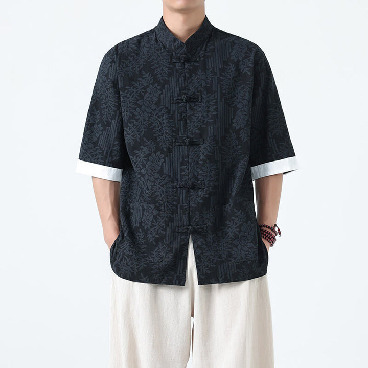 Buddha Stones Camisa de algodón de manga corta con botones de rana y bolsillos para hombre con estampado de flores de verano y hierba - image 1