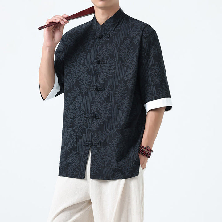 Buddha Stones Camisa de algodón de manga corta con botones de rana y bolsillos para hombre con estampado de flores de verano y hierba - Negro - US/UK/AU46, EU56 (5XL) - image 0