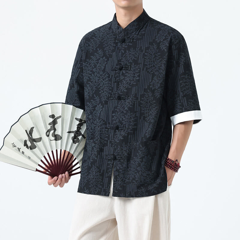 Buddha Stones Camisa de algodón de manga corta con botones de rana y bolsillos para hombre con estampado de flores de verano y hierba - image 2