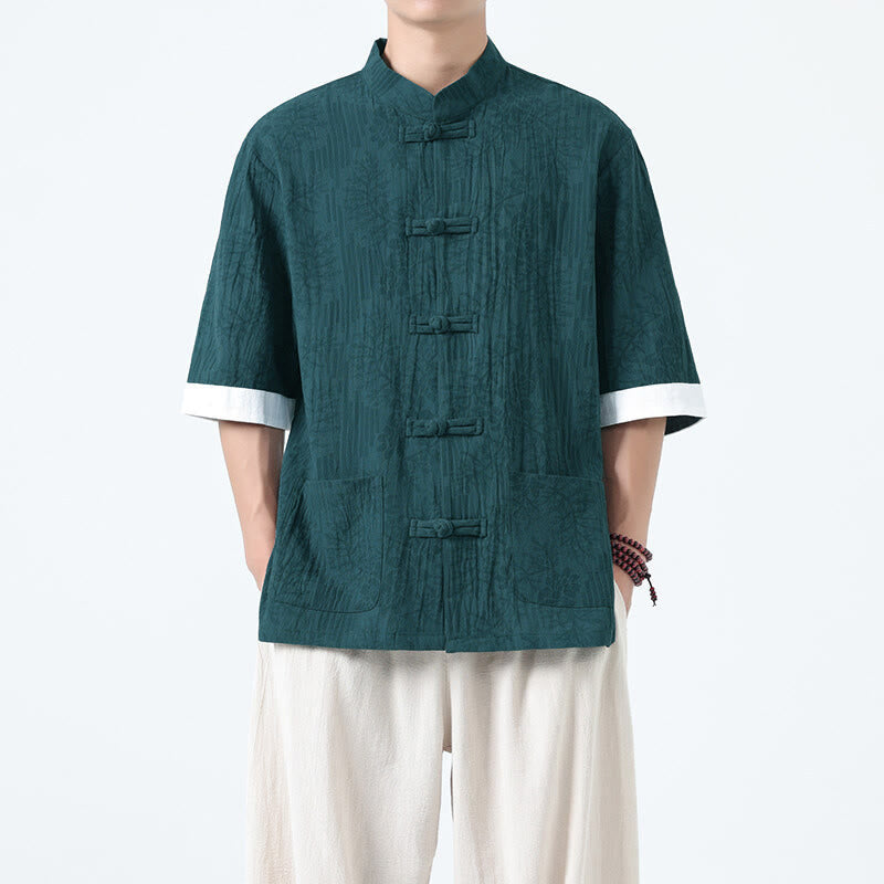 Buddha Stones Camisa de algodón de manga corta con botones de rana y bolsillos para hombre con estampado de flores de verano y hierba - image 17