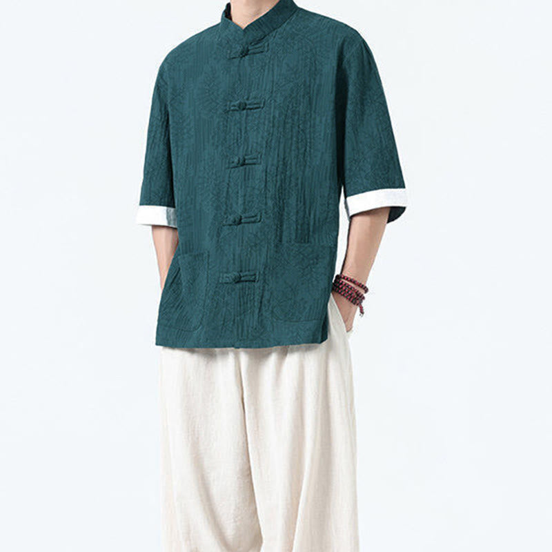 Buddha Stones Camisa de algodón de manga corta con botones de rana y bolsillos para hombre con estampado de flores de verano y hierba - image 20