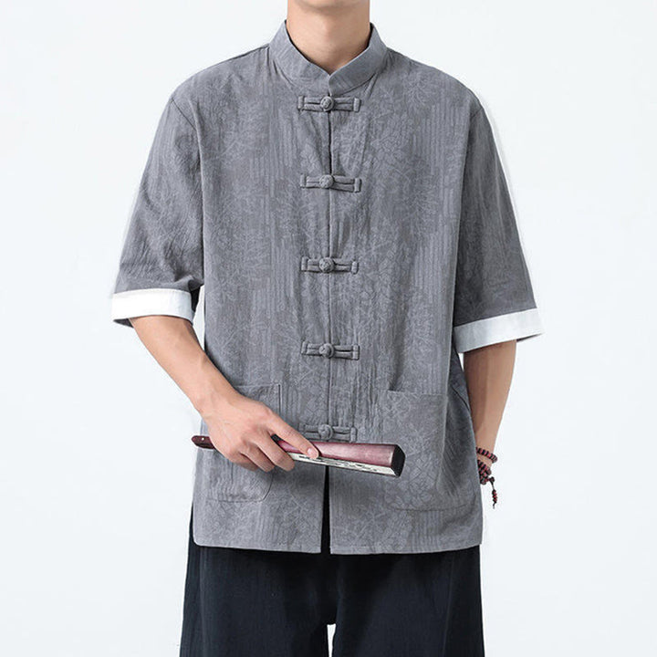 Buddha Stones Camisa de algodón de manga corta con botones de rana y bolsillos para hombre con estampado de flores de verano y hierba - image 6