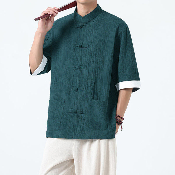 Buddha Stones Camisa de algodón de manga corta con botones de rana y bolsillos para hombre con estampado de flores de verano y hierba - image 19