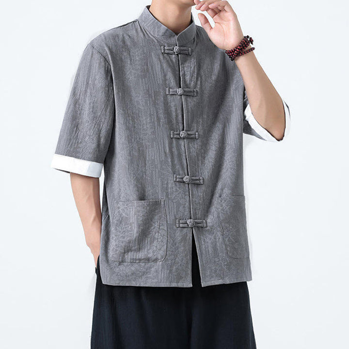 Buddha Stones Camisa de algodón de manga corta con botones de rana y bolsillos para hombre con estampado de flores de verano y hierba - image 5