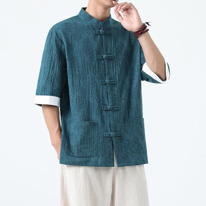 Buddha Stones Camisa de algodón de manga corta con botones de rana y bolsillos para hombre con estampado de flores de verano y hierba - image 16
