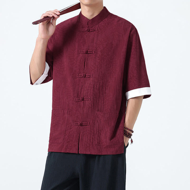 Buddha Stones Camisa de algodón de manga corta con botones de rana y bolsillos para hombre con estampado de flores de verano y hierba - image 14