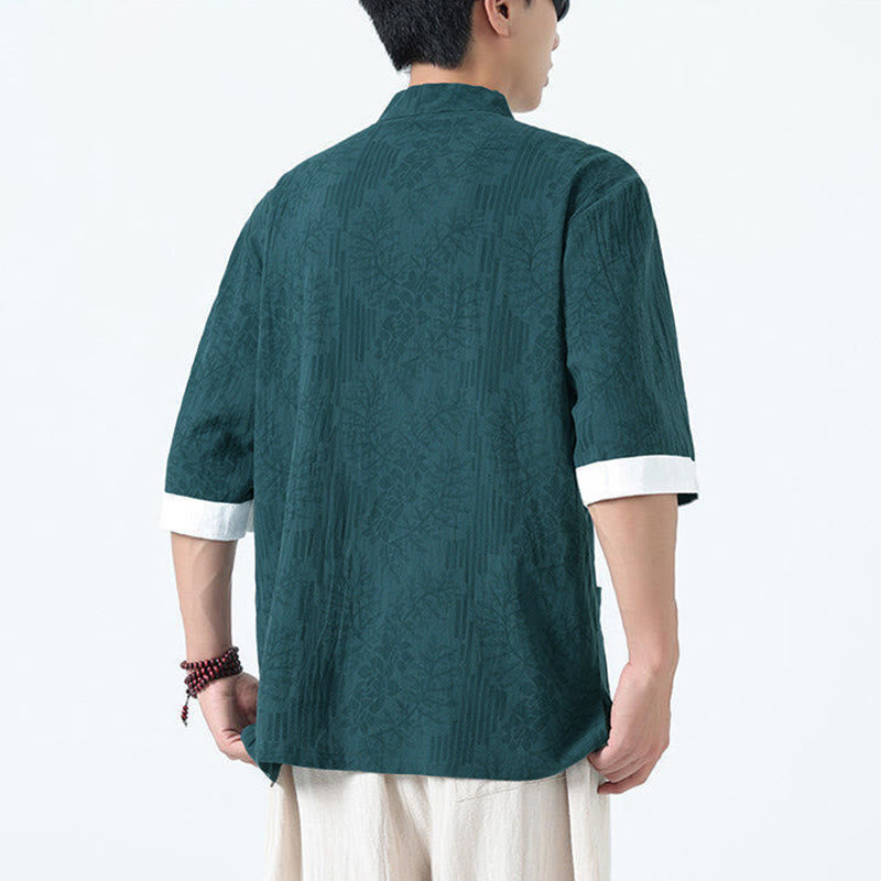 Buddha Stones Camisa de algodón de manga corta con botones de rana y bolsillos para hombre con estampado de flores de verano y hierba - image 18