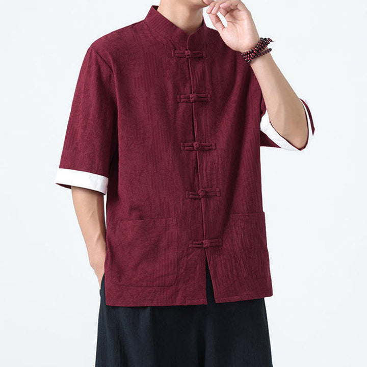 Buddha Stones Camisa de algodón de manga corta con botones de rana y bolsillos para hombre con estampado de flores de verano y hierba - image 12