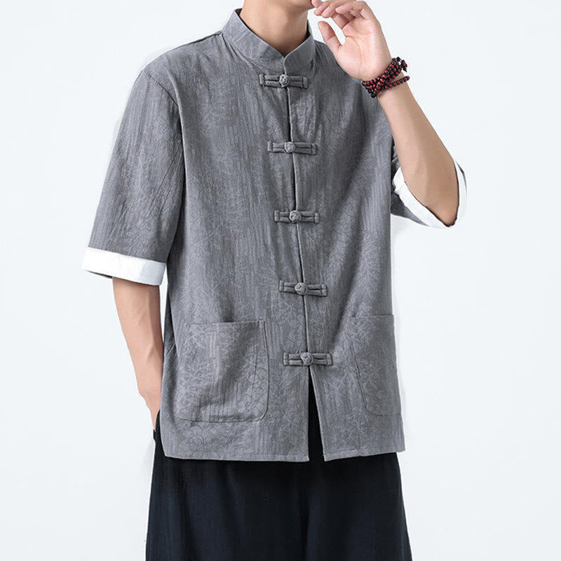 Buddha Stones Camisa de algodón de manga corta con botones de rana y bolsillos para hombre con estampado de flores de verano y hierba - image 5