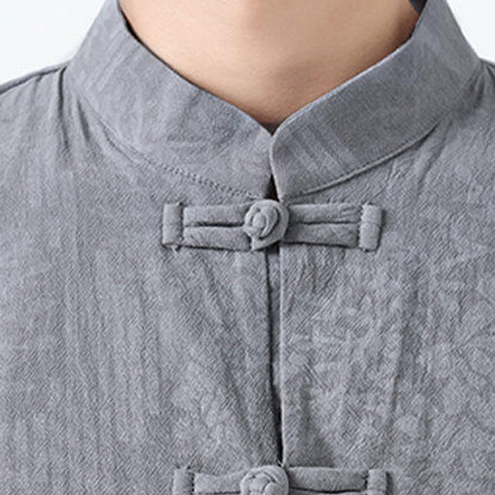 Buddha Stones Camisa de algodón de manga corta con botones de rana y bolsillos para hombre con estampado de flores de verano y hierba - image 7