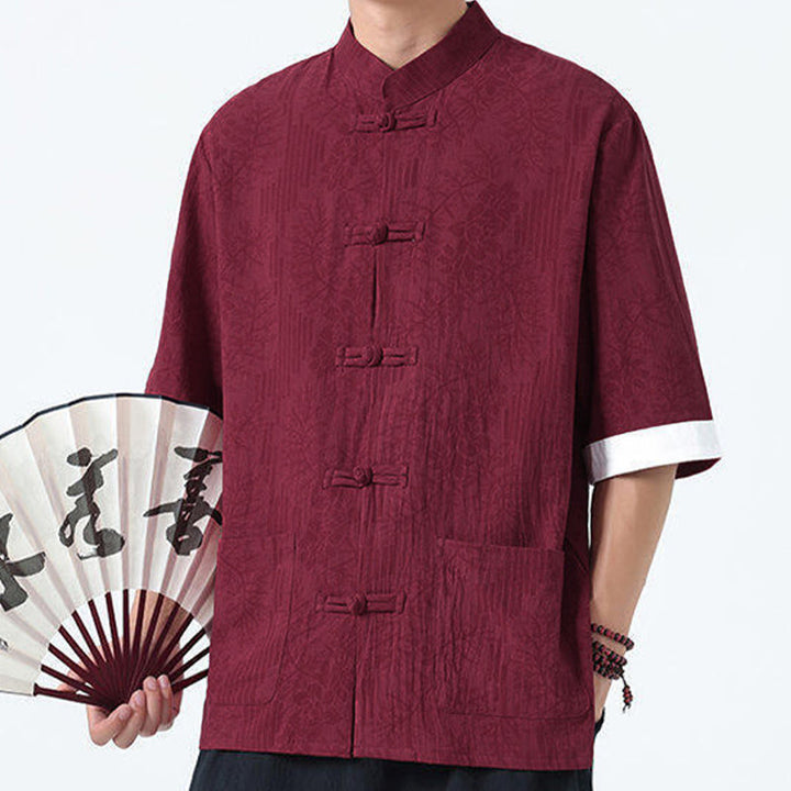 Buddha Stones Camisa de algodón de manga corta con botones de rana y bolsillos para hombre con estampado de flores de verano y hierba - image 13