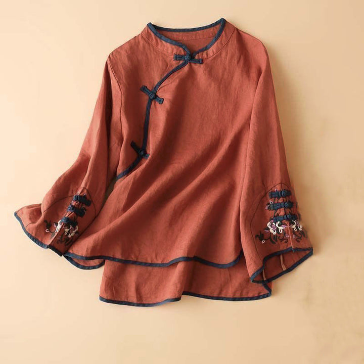 Camisa de manga larga para mujer con diseño retro de bordado de flores y Buddha Stones. - Rojo - US12, UK/AU16, EU44 (4XL) - image 0