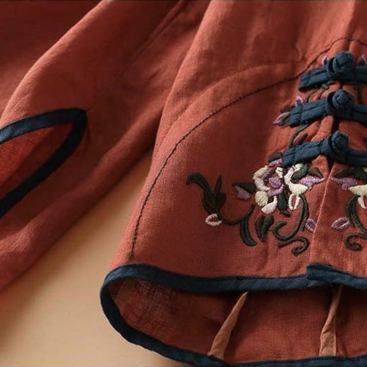 Camisa de lino y algodón de manga larga para mujer con diseño de flores bordadas retro con Buddha Stones - image 6