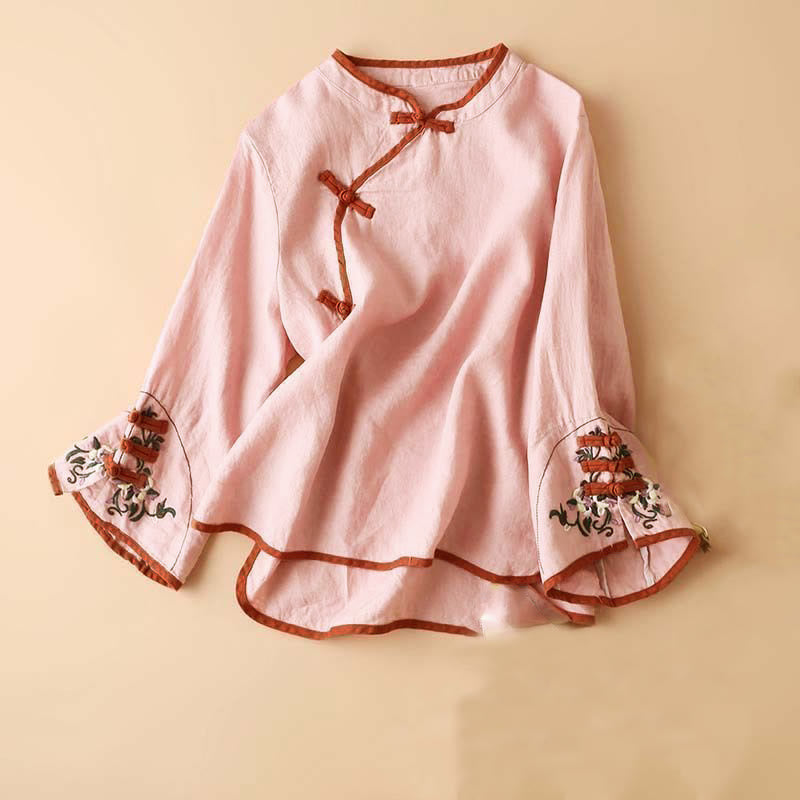 Camisa de lino y algodón de manga larga para mujer con diseño de flores bordadas retro con Buddha Stones - Rosa - US14, UK/AU18, EU46 (4XL) - image 14