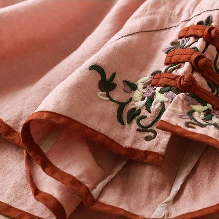 Camisa de lino y algodón de manga larga para mujer con diseño de flores bordadas retro con Buddha Stones - image 15