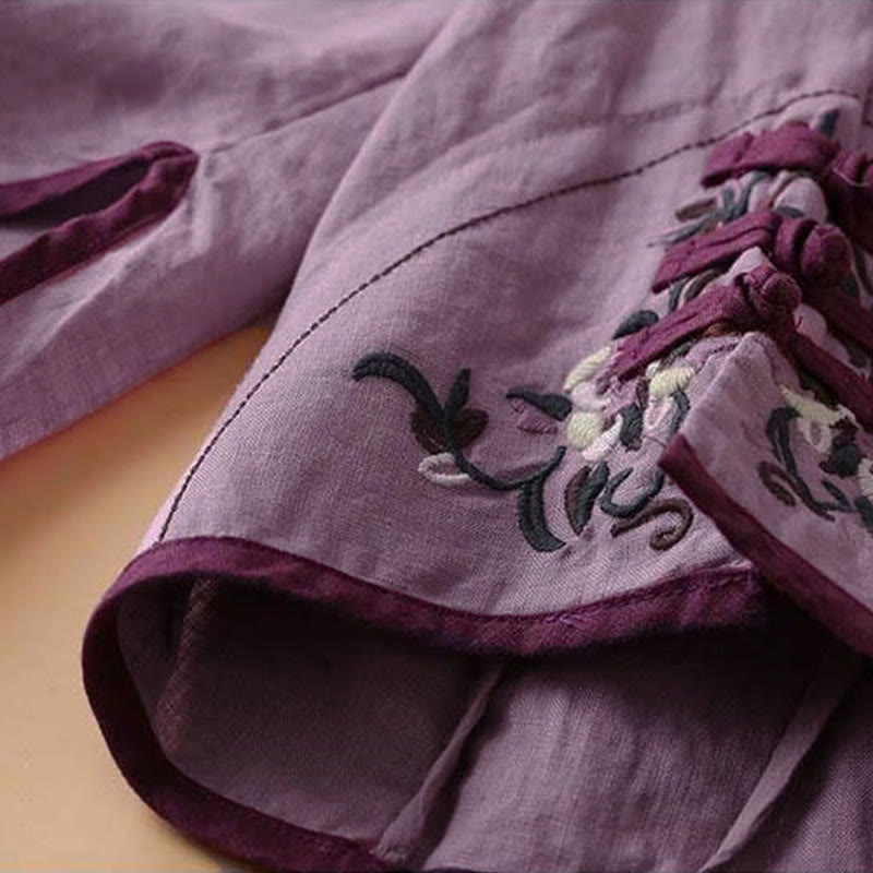 Camisa de lino y algodón de manga larga para mujer con diseño de flores bordadas retro con Buddha Stones - image 21