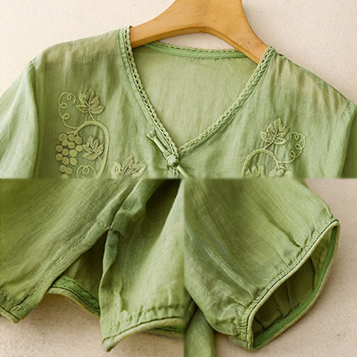 Buddha Stones Camisa de algodón para mujer con manga tres cuartos, diseño de encaje y estampado de uvas bordadas y botones de rana - image 3