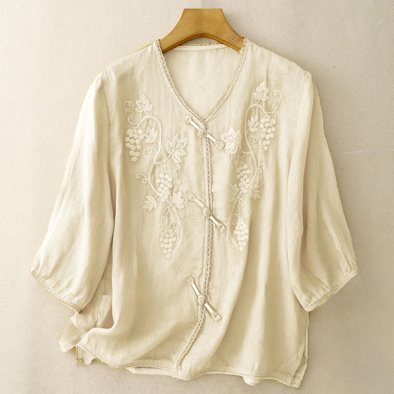 Buddha Stones Camisa de algodón para mujer con manga tres cuartos, diseño de encaje y estampado de uvas bordadas y botones de rana - Amarillo vara de oro claro - US8-10，UK/AU12-14，EU40-42 (2XL) - image 5