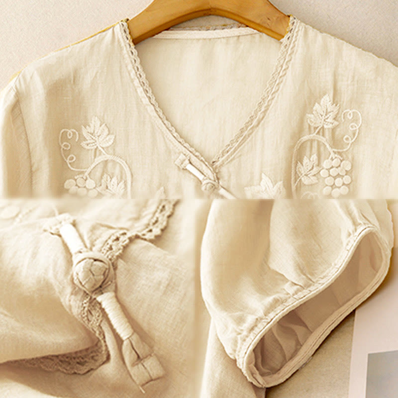 Buddha Stones Camisa de algodón para mujer con manga tres cuartos, diseño de encaje y estampado de uvas bordadas y botones de rana - image 8