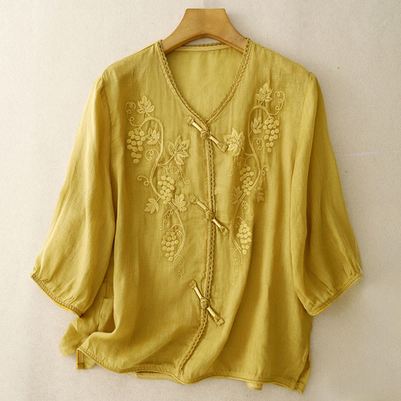 Buddha Stones Camisa de algodón para mujer con manga tres cuartos, diseño de encaje y estampado de uvas bordadas y botones de rana - Oro - US8-10，UK/AU12-14，EU40-42 (2XL) - image 9