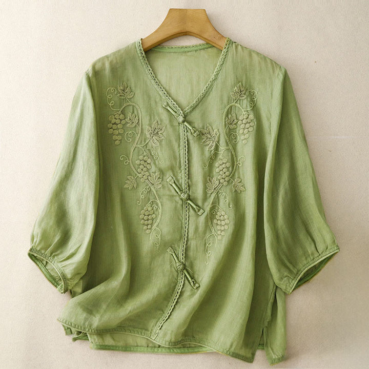 Buddha Stones Camisa de algodón para mujer con manga tres cuartos, diseño de encaje y estampado de uvas bordadas y botones de rana - Verde lima - US8-10，UK/AU12-14，EU40-42 (2XL) - image 0