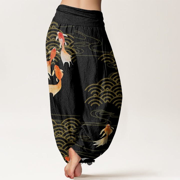 Pantalones bombachos de cintura elástica para mujer, de algodón puro con estampado de peces koi rojos y ondas en forma de abanico, de Buddha Stones. - image 9