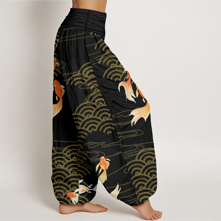 Pantalones bombachos de cintura elástica para mujer, de algodón puro con estampado de peces koi rojos y ondas en forma de abanico, de Buddha Stones. - image 10