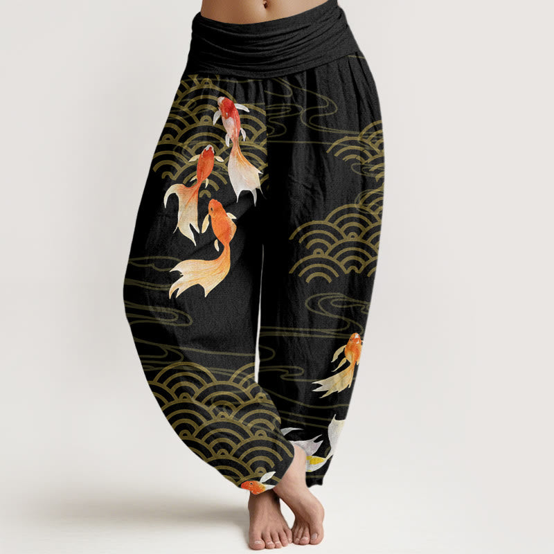 Pantalones bombachos de cintura elástica para mujer, de algodón puro con estampado de peces koi rojos y ondas en forma de abanico, de Buddha Stones. - Negro - US16，UK/AU20，EU48 (3XL) - image 8