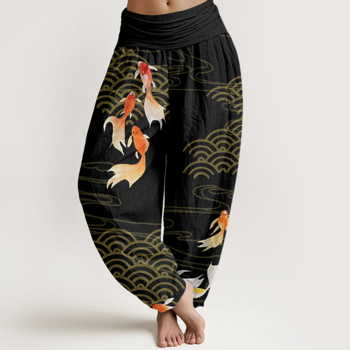 Pantalones bombachos de cintura elástica para mujer, de algodón puro con estampado de peces koi rojos y ondas en forma de abanico, de Buddha Stones. - Negro - US16，UK/AU20，EU48 (3XL) - image 8