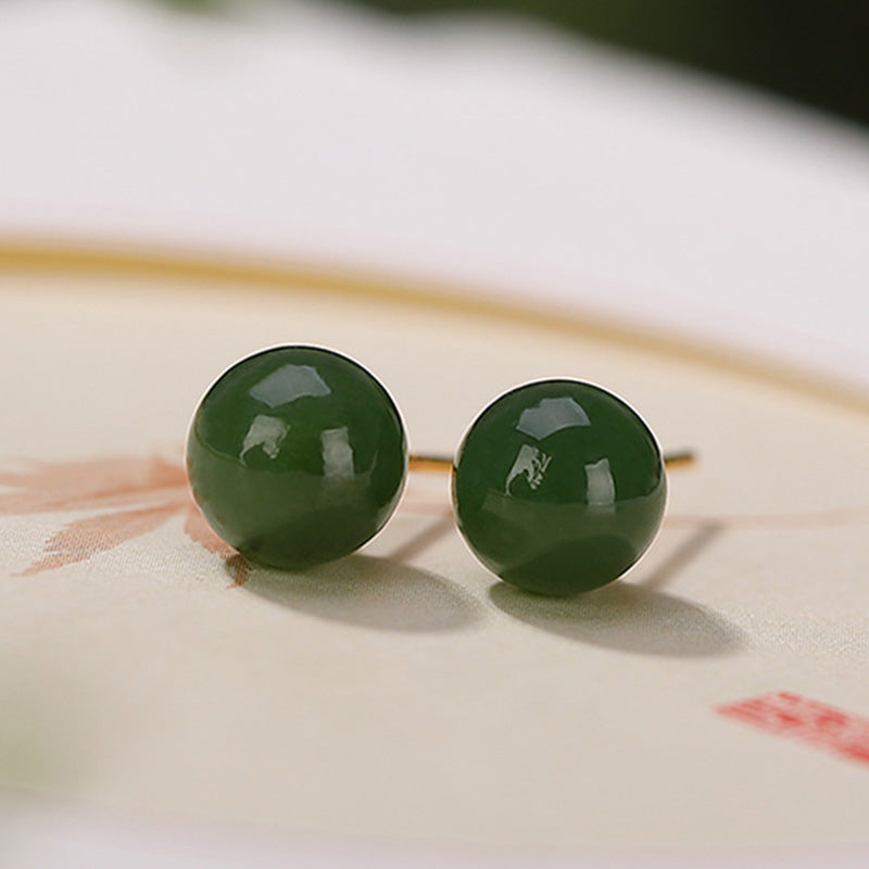 Pendientes de tuerca de plata de ley 925 con Buddha Stones , redondos, jade cian curativo y tranquilo