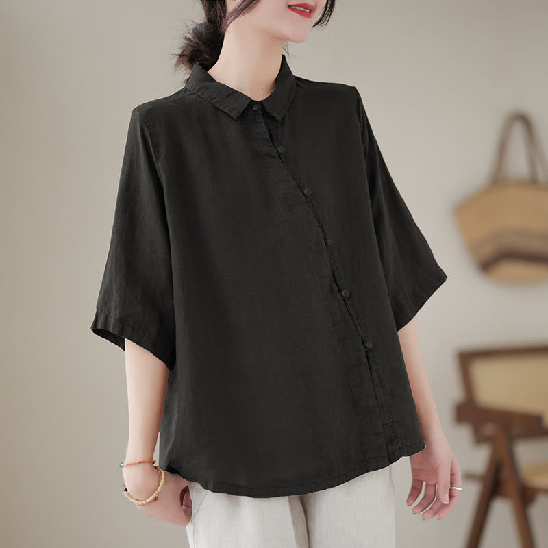 Buddha Stones Camisa de algodón para mujer con solapa, botones de rana, diseño de tapeta diagonal y manga tres cuartos - Negro - US8-10，UK/AU12-14，EU40-42 (2XL) - image 10